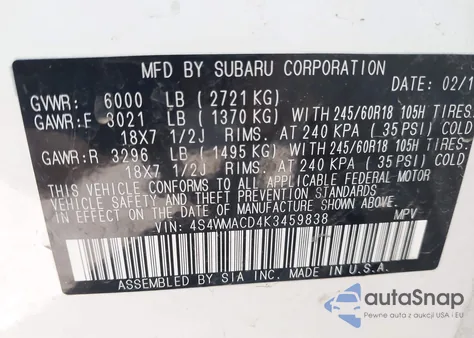 2019 Subaru Ascent Premium из США, поврежденный, VIN 4S4WMACD4K3459838